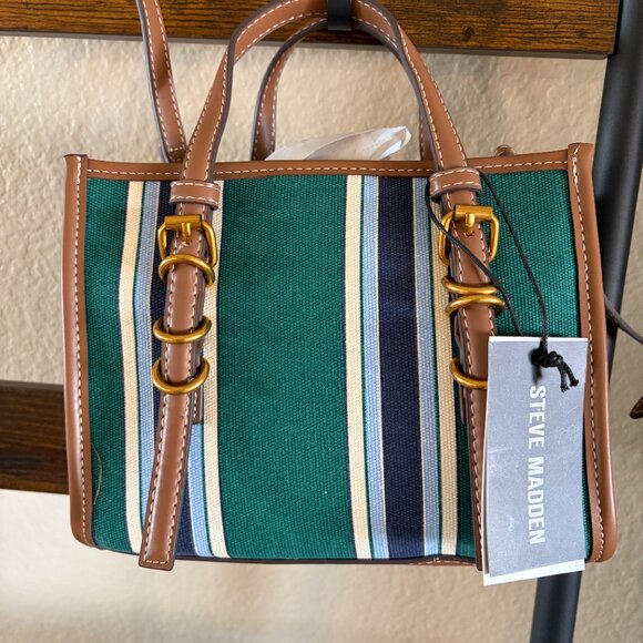 Steve Madden Green Stripe Canvas Tote Crossbody Bag Gold Hardware - Picture 6 of 7
